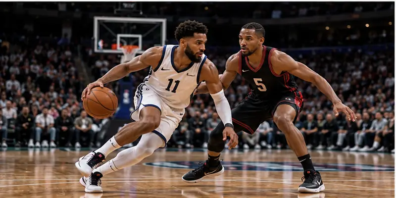 Basketball players compete for possession in a professional indoor sporting arena