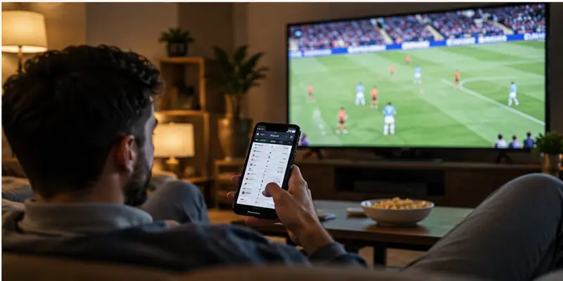A football supporter follows a televised match while checking sports information on a smartphone