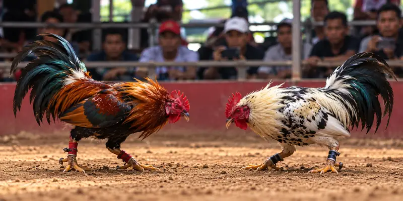 An arena setting illustrates the environment portrayed in cockfighting-related online media.