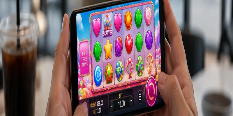 A mobile slot interface displaying reels, wagers, and bonus controls.