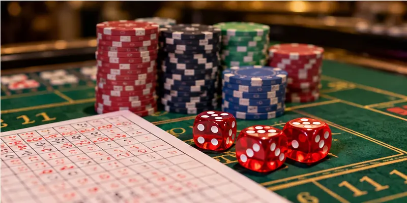 A traditional Sic Bo betting layout displaying dice combinations, total wagers, and betting areas