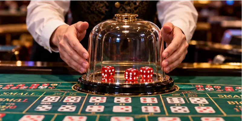 Casino chips and three dice arranged beside a Sic Bo betting chart, illustrating bankroll planning.